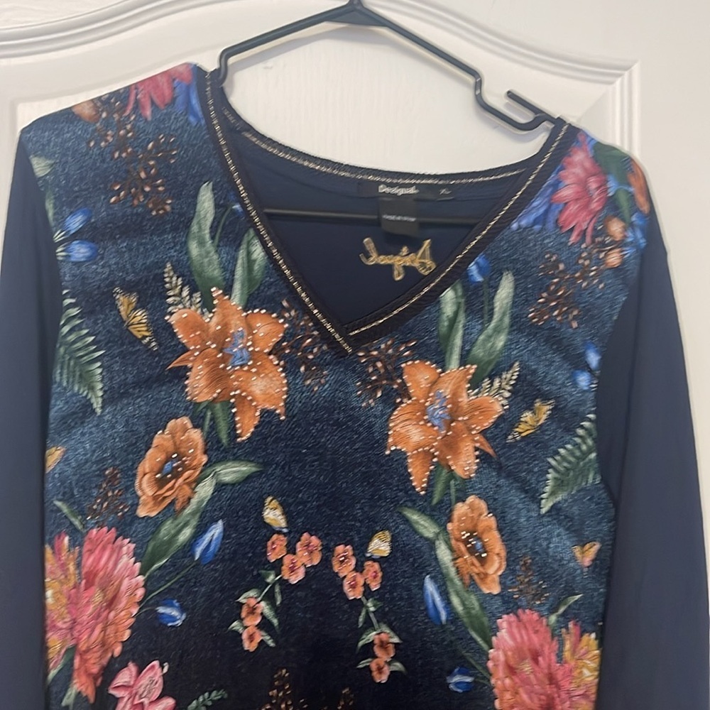 Desigual Blue Graphic Floral Embellished V-Neck Viscose Top Shirt XL - Picture 3 of 5